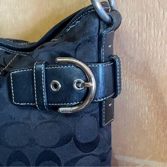 COACH BLACK Monogram Fabric with LEATHER  Trim SHOULDER BAG - Picture 5 of 6
